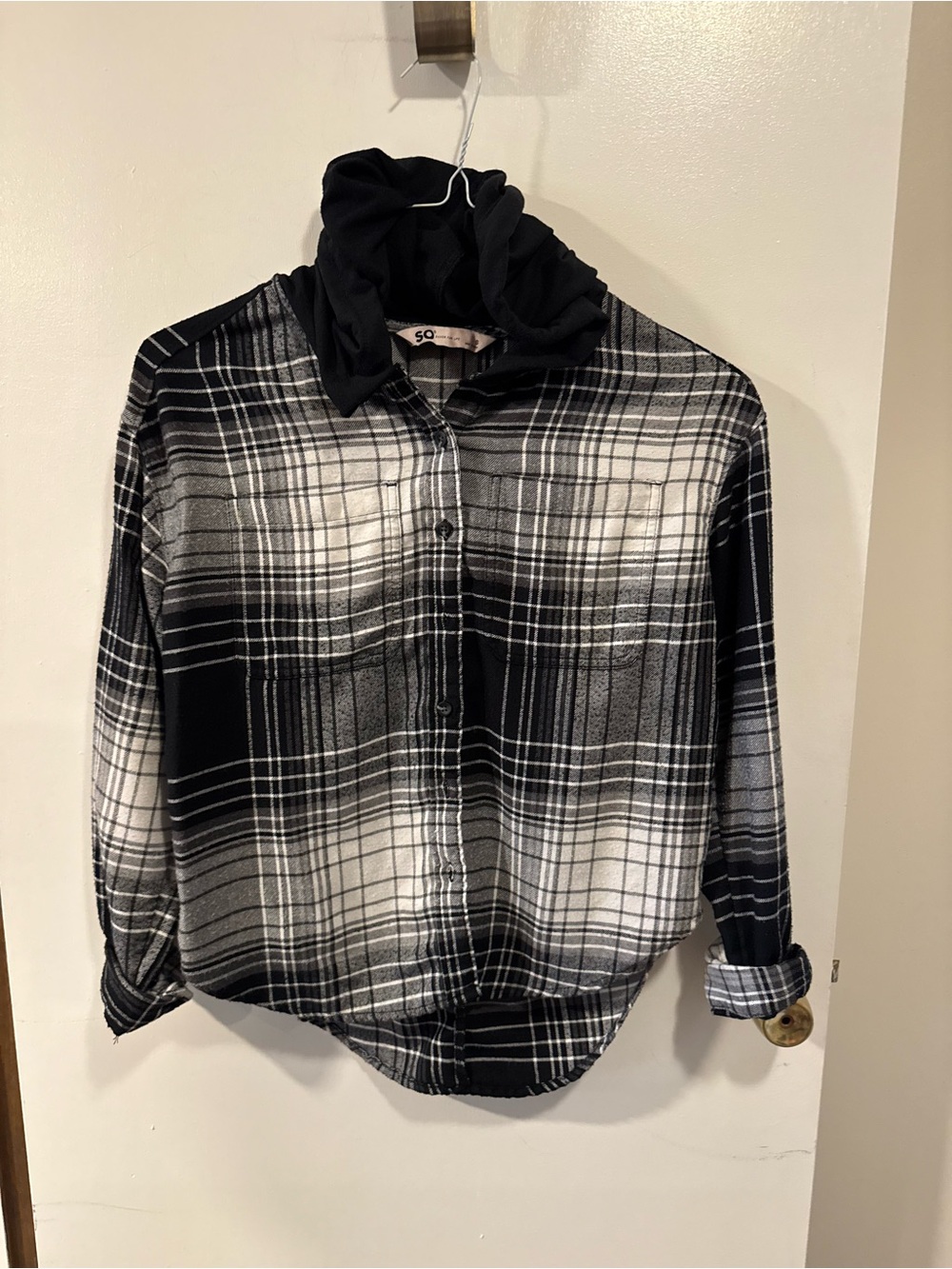 Women’s Plaid Black & White Hooded Button Down SO Flannel Shirt Size 8